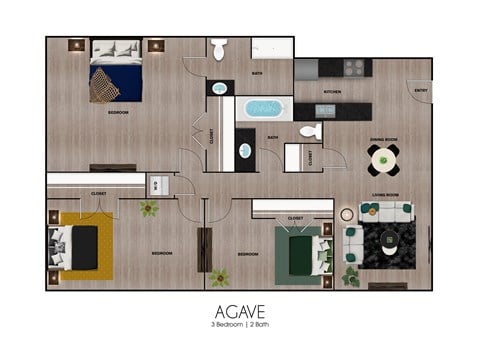 Floor plan for 3 beds, 2 baths, 1250 sqft